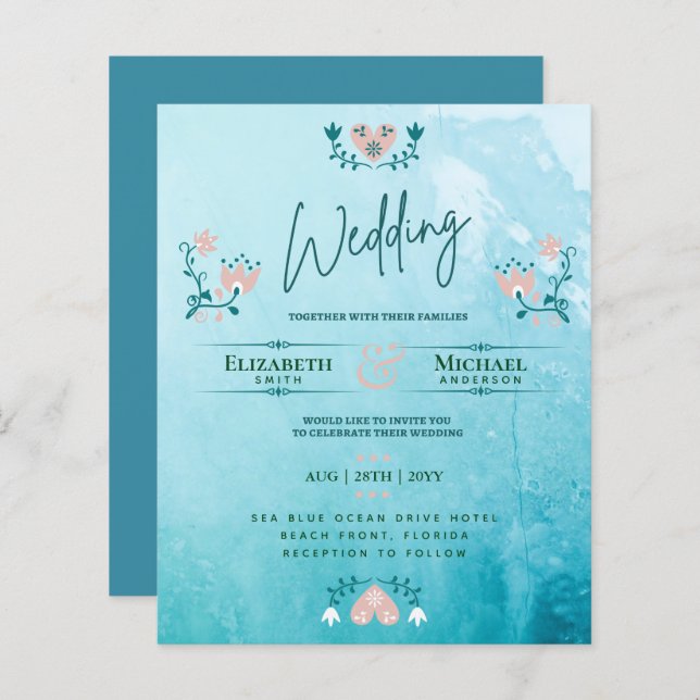 LeahG BUDGET Wedding Invite Folk Art Teal Pink (Front/Back)