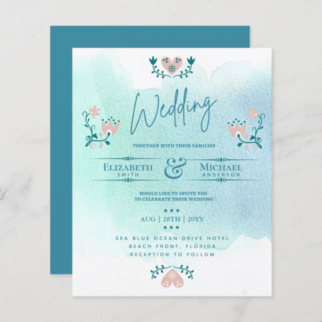 LeahG BUDGET Wedding Invite Folk Art Teal Pink (Front/Back)
