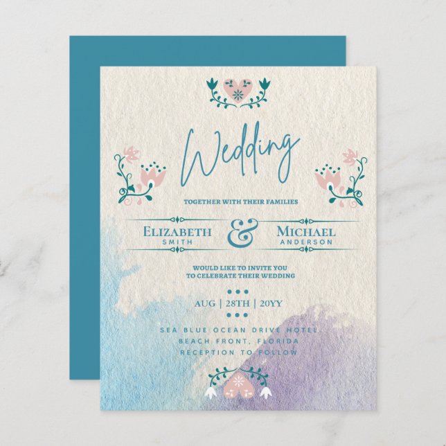 LeahG BUDGET Wedding Invite Folk Art Teal Pink (Front/Back)