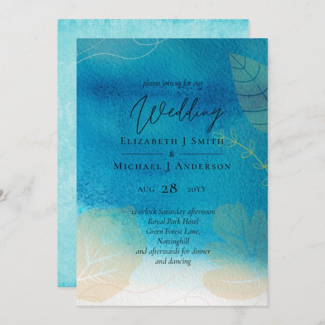 LeahG BUDGET Wedding Ocean Blue Watercolor (Front/Back)