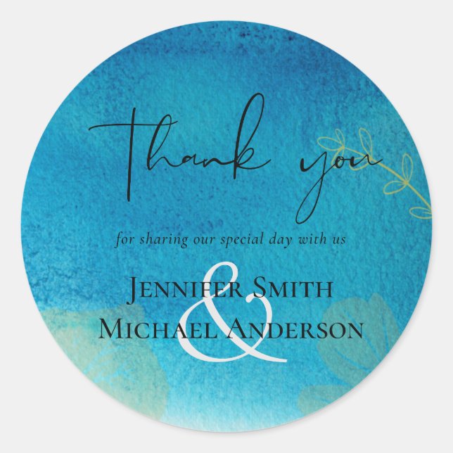 LeahG BUDGET Wedding Ocean Blue Watercolor Classic Round Sticker (Front)