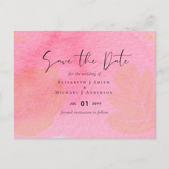 LeahG Budget Wedding Pink Peach Watercolor Abstrac Postcard (Front)