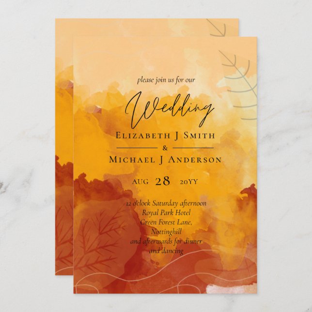 LeahG Budget Wedding Watercolor Sunset Fall Leaves (Front/Back)
