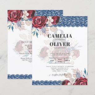 LeahG Burgundy Blue Roses Lace Fall Wedding Invite