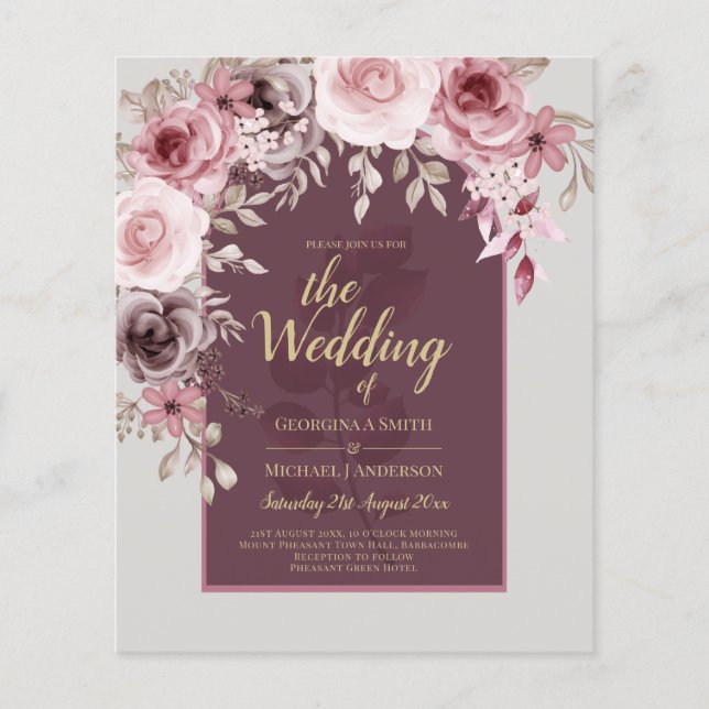 LeahG Burgundy Blush Pink Roses Fall Wedding Inv. Flyer (Front)