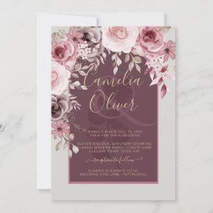 LeahG Burgundy Blush Pink Roses Fall Wedding Inv. Invitation