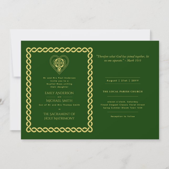 LeahG Celtic Cross Green Gold Catholic Wedding Invitation (Front)