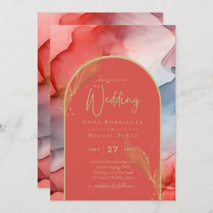 LeahG Coral Navy Blue Gold INK Wedding INVITE