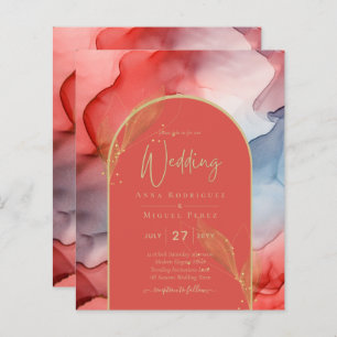 LeahG Coral Navy Blue Gold INK Wedding INVITE