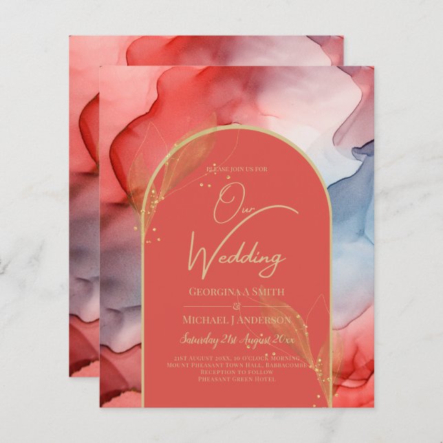 LeahG Coral Navy Blue Gold INK Wedding INVITE (Front/Back)
