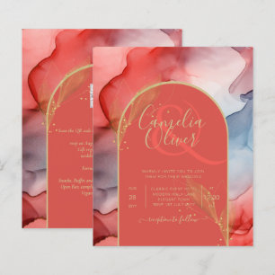 LeahG Coral Navy Blue Gold INK Wedding INVITE