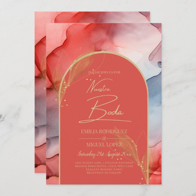 LeahG Coral Navy Blue Gold INK Wedding INVITE (Front/Back)