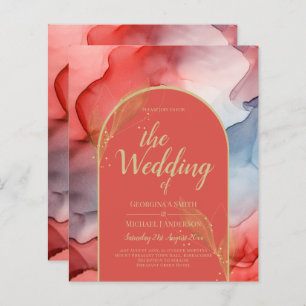 LeahG Coral Navy Blue Gold INK Wedding INVITE