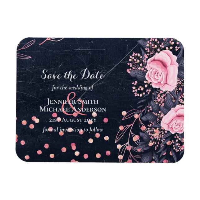 LeahG Denim Blue Rosegold Pink Floral Wedding Magnet (Horizontal)