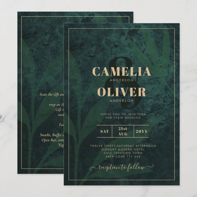 LeahG Emerald Forest Green Gold Wedding Invite (Front/Back)