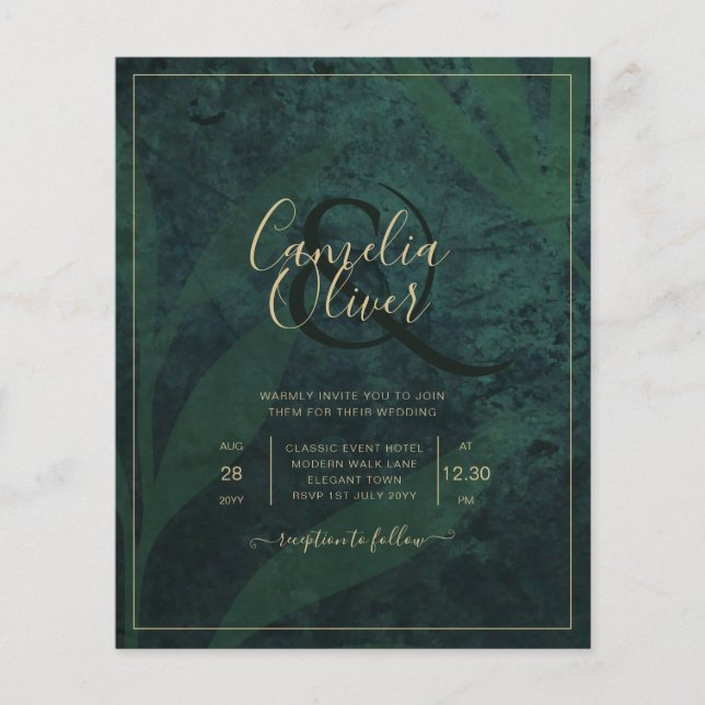LeahG Emerald Forest Green Gold Wedding Invite Flyer (Front)