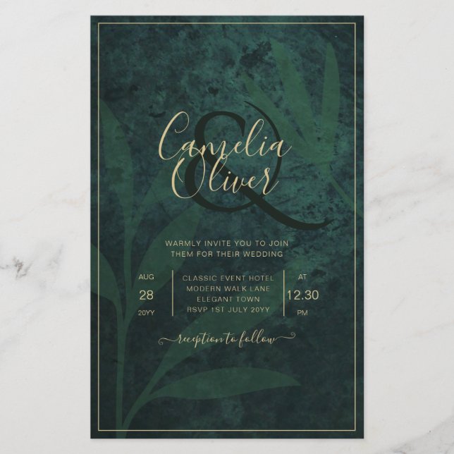 LeahG Emerald Forest Green Gold Wedding Invite Flyer (Front)