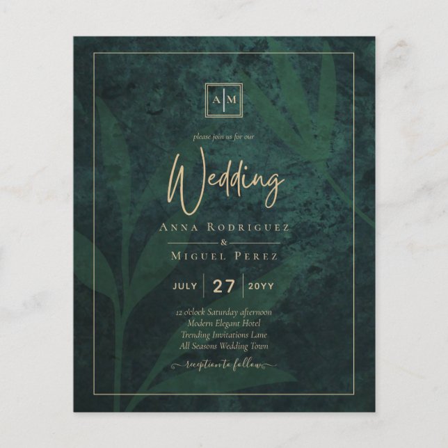 LeahG Emerald Forest Green Gold Wedding Invite Flyer (Front)