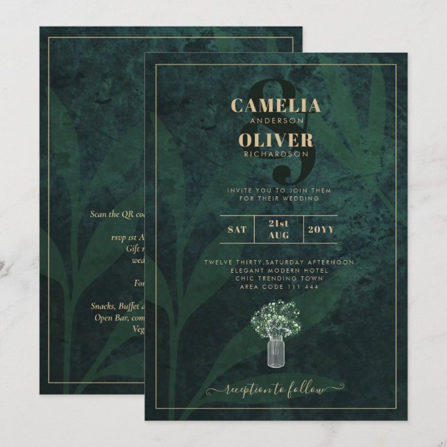LeahG Emerald Forest Green Wedding INVITE (Front/Back)