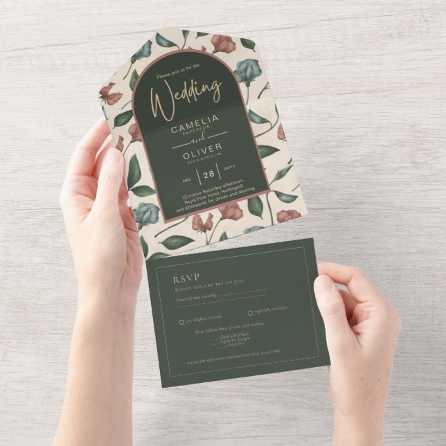 LeahG Emerald Green Terracotta Gold FALL Wedding All In One Invitation (Tearaway)