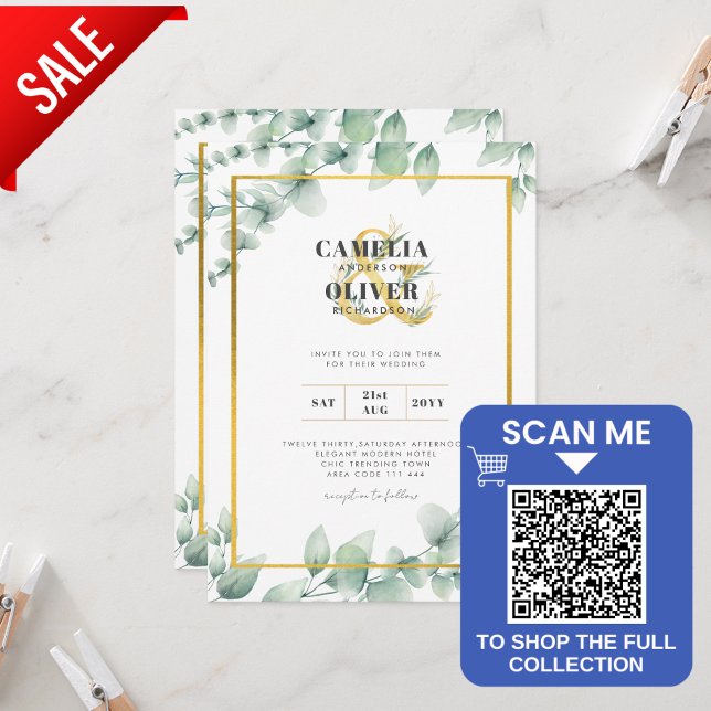 LeahG Eucalyptus Greenery Gold WEDDING QR CODE Inv (Creator Uploaded)