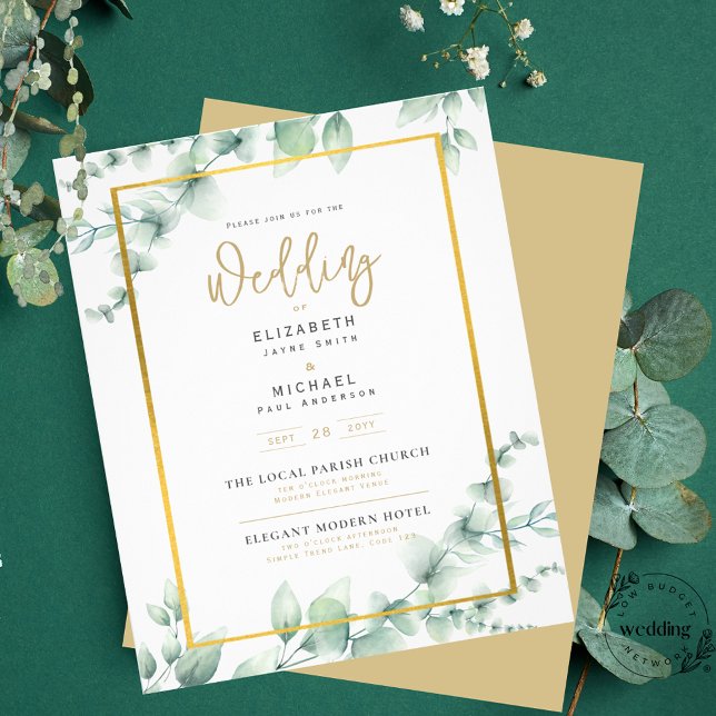 LeahG Eucalyptus Greenery Gold WEDDING QR CODE Inv Flyer (Creator Uploaded)