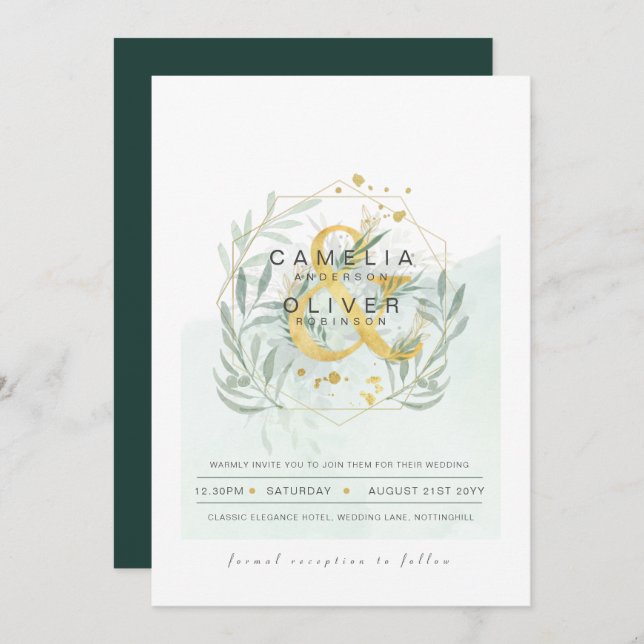 LeahG Eucalyptus Greenery Gold Wedding QR CODE INV Invitation (Front/Back)