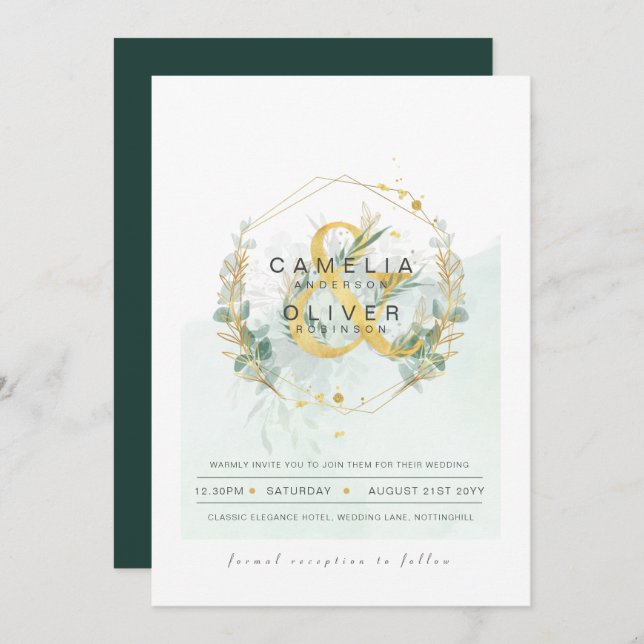 LeahG Eucalyptus Greenery Gold Wedding QR CODE INV Invitation (Front/Back)