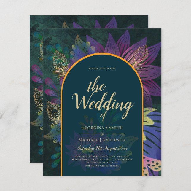 LeahG Green Purple Gold JEWEL TONES Wedding INVITE (Front/Back)
