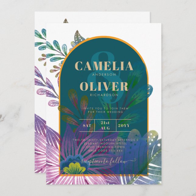LeahG Green Purple Gold JEWEL TONES Wedding INVITE (Front/Back)