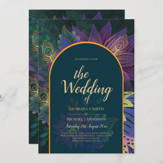 LeahG Green Purple Gold JEWEL TONES Wedding INVITE (Front/Back)