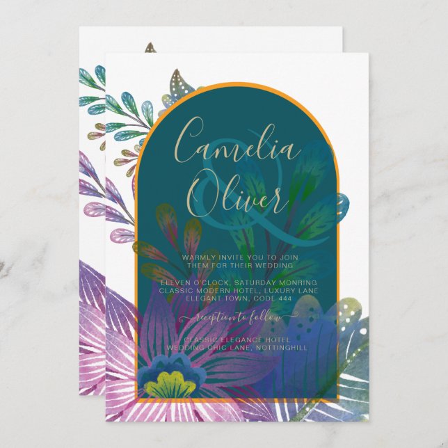 LeahG Green Purple Gold JEWEL TONES Wedding INVITE (Front/Back)
