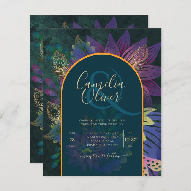 LeahG Green Purple Gold JEWEL TONES Wedding INVITE (Front/Back)