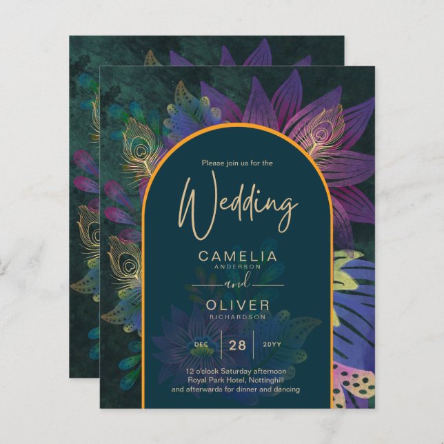LeahG Green Purple Gold JEWEL TONES Wedding INVITE (Front/Back)