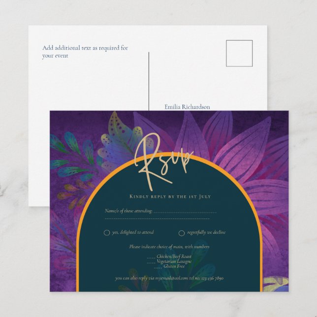LeahG Green Purple Gold JEWEL TONES Wedding INVITE Postcard (Front/Back)