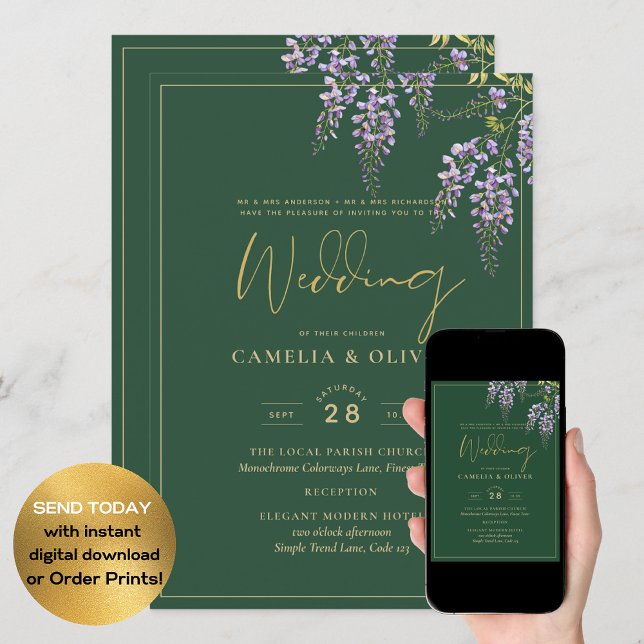 LeahG Green Purple Gold WISTERIA Wedding INVITE (Creator Uploaded)