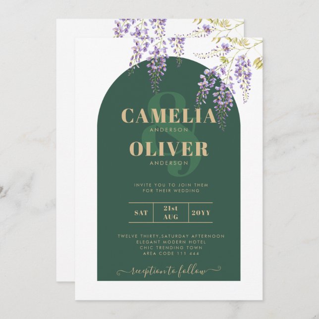 LeahG Green Purple Gold WISTERIA Wedding INVITE (Front/Back)