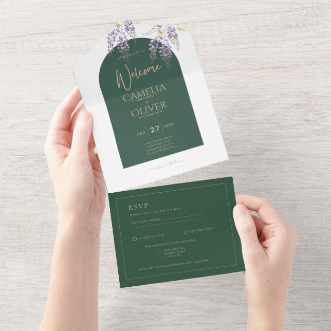 LeahG Green Purple Gold WISTERIA Wedding INVITE (Tearaway)