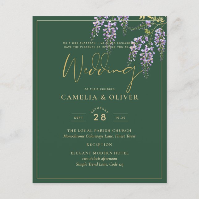 LeahG Green Purple Gold WISTERIA Wedding INVITE Flyer (Front)