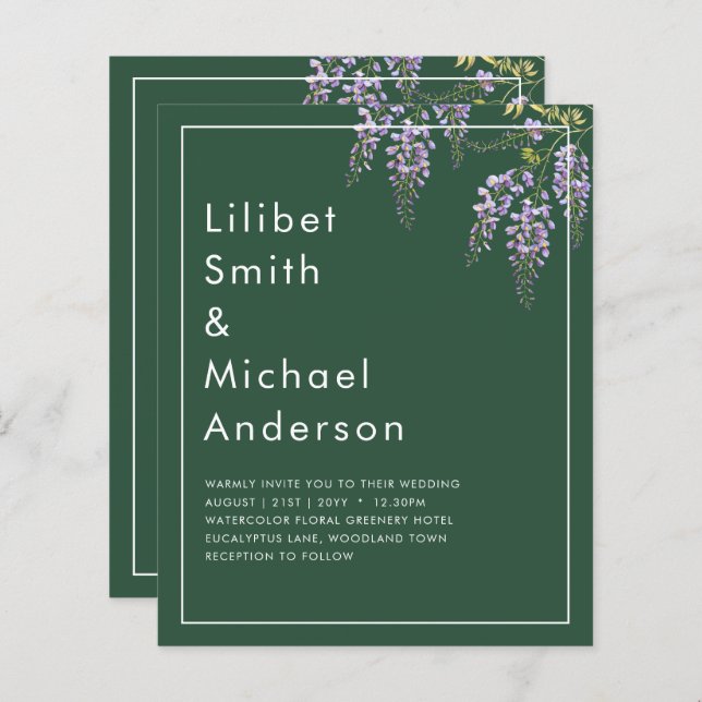 LeahG Green Purple WISTERIA Wedding INVITE (Front/Back)