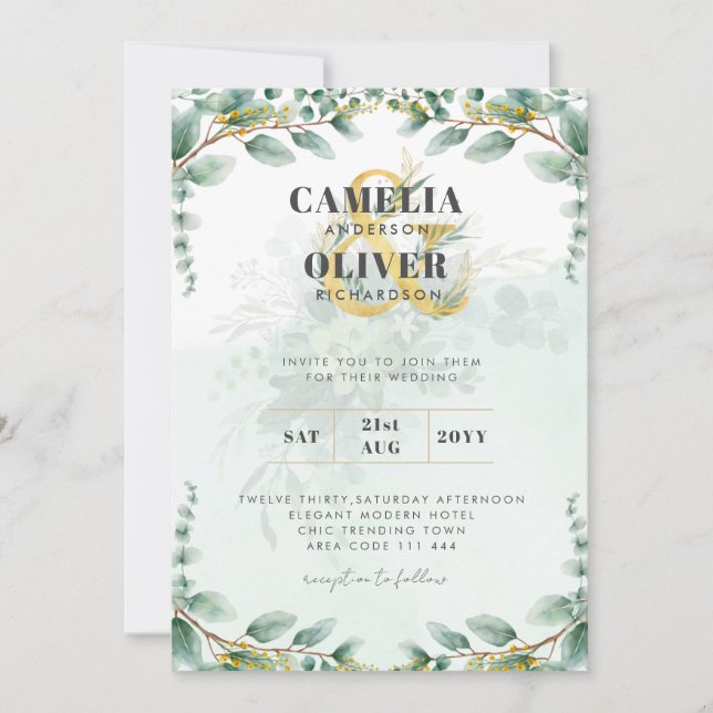 LeahG Greenery Eucalyptus Gold Wedding Invite QR C (Front)
