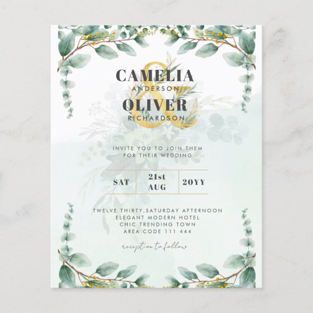 LeahG Greenery Eucalyptus Gold Wedding Invite QR C Flyer (Front)