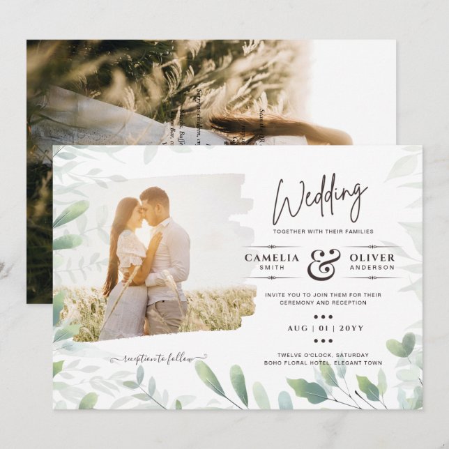 LeahG Greenery Leaves PHOTO OVERLAY Wedding Invite (Front/Back)