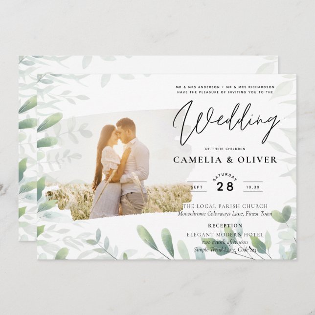 LeahG Greenery Leaves PHOTO OVERLAY Wedding Invite (Front/Back)