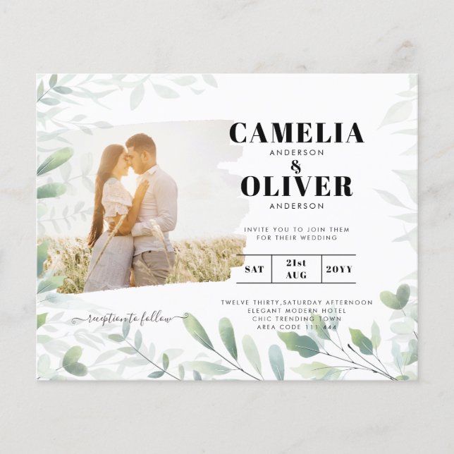 LeahG Greenery Leaves PHOTO OVERLAY Wedding Invite Flyer (Front)