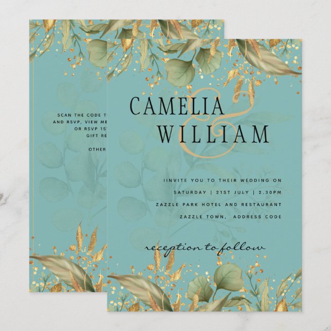 LeahG Greenery Sea Glass Teal Gold Wedding Invite (Front/Back)
