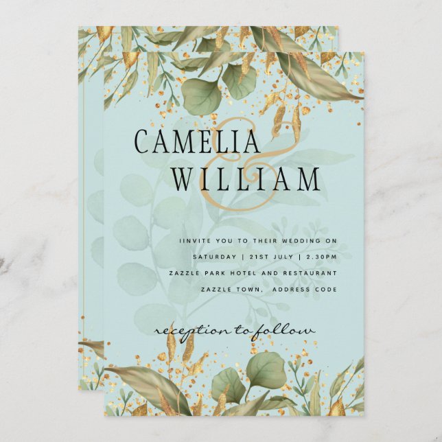 LeahG Greenery Sea Glass Teal Gold Wedding Invite (Front/Back)