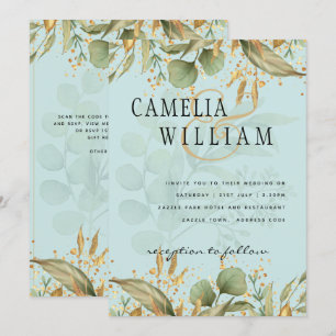 LeahG Greenery Sea Glass Teal Gold Wedding Invite