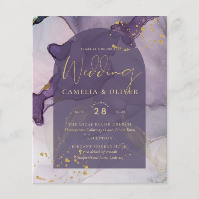 LeahG Ink Ombre Purple Lavender Gold Wedding Flyer (Front)