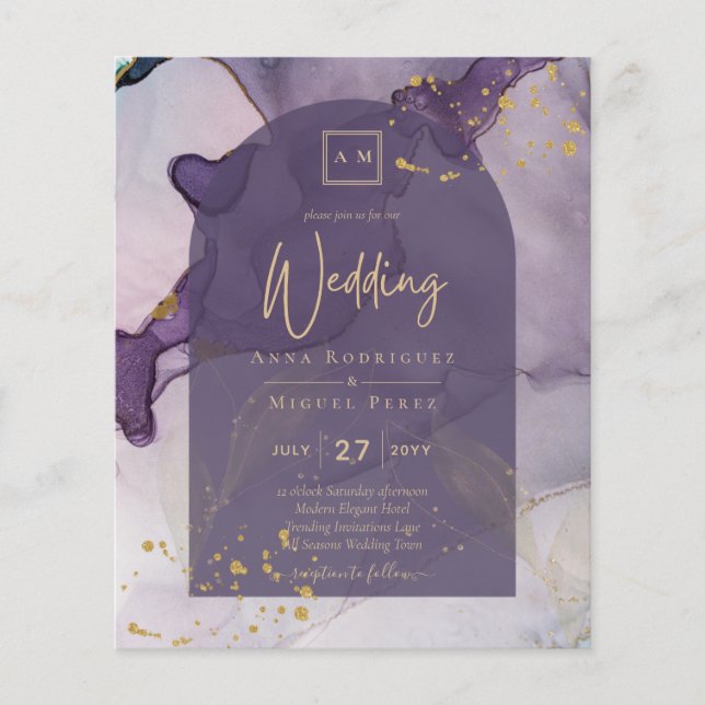 LeahG Ink Ombre Purple Lavender Gold Wedding Flyer (Front)